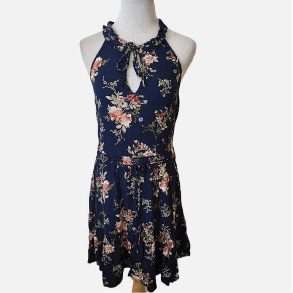 Women’s Band of Gypsies Navy blue floral mini dress picnic summer boho indie - Picture 1 of 7